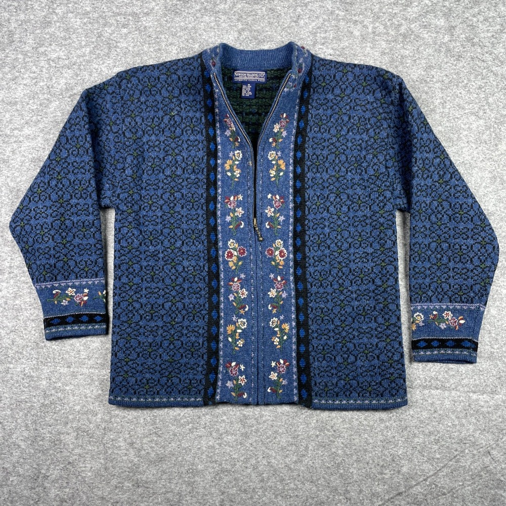 Vintage 80s Shetland Wool Nordic Cardigan Womens M Blue Floral Full Zip Sweater